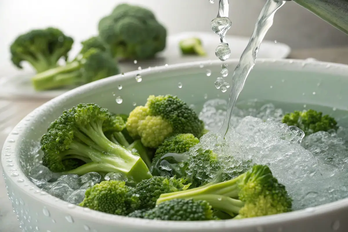 Blanched broccoli florets in an ice bath