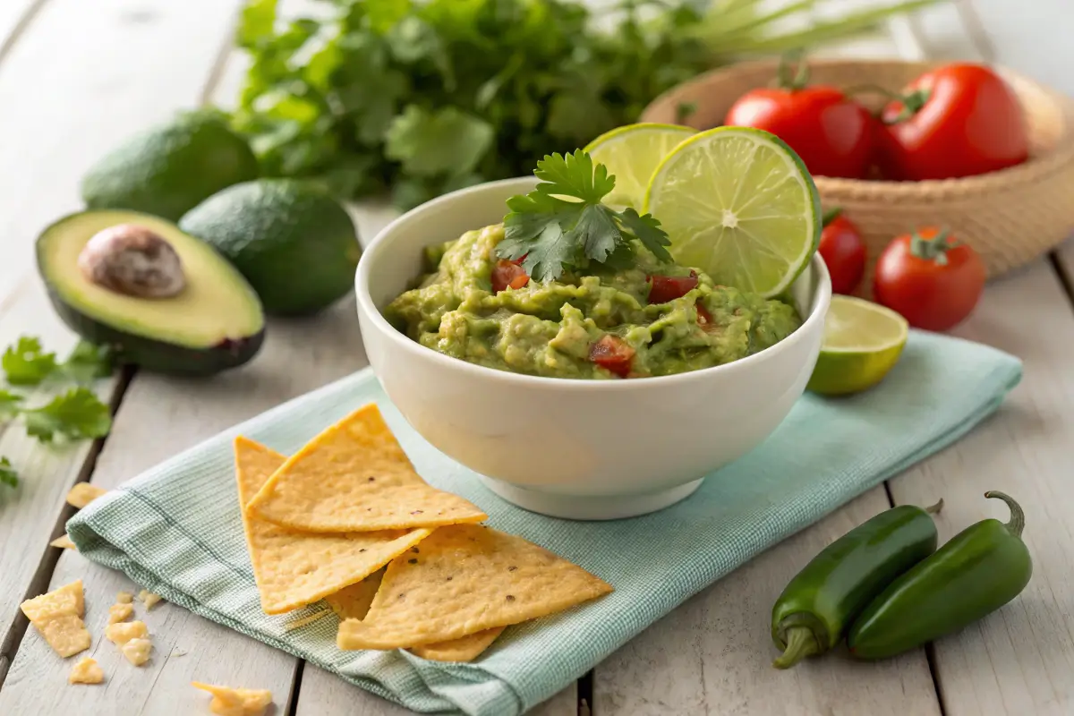 Fresh guacamole with tortilla chips and ingredients.