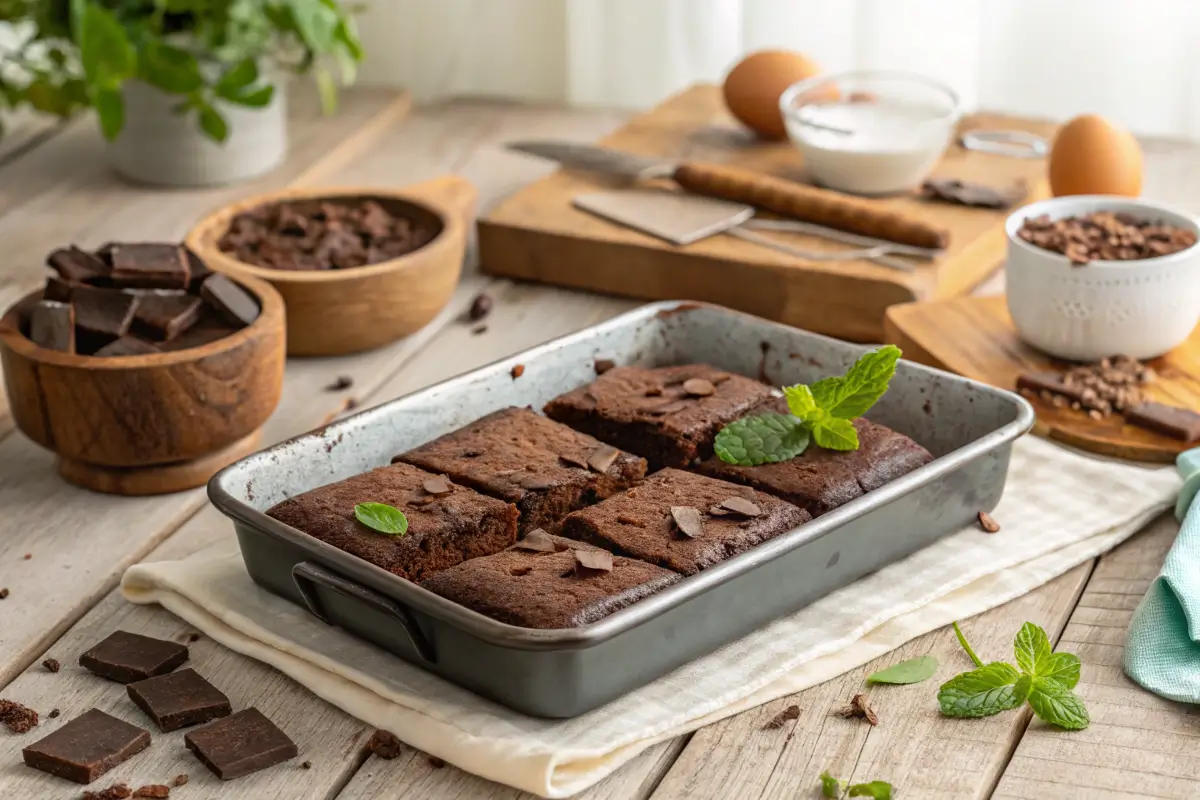 Tray of fudgy, cakey, and chewy brownies on a rustic table