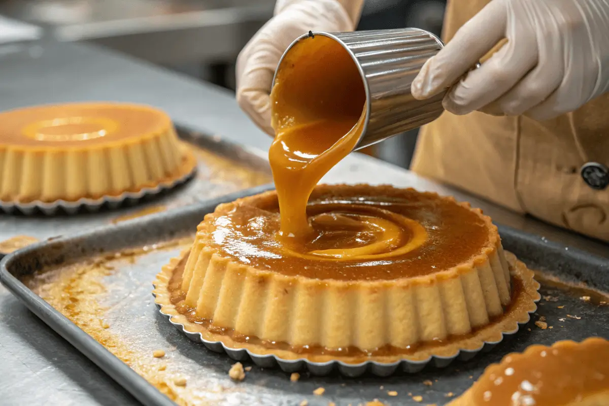 Caramel being poured and swirled into a flan mold for quesillo.