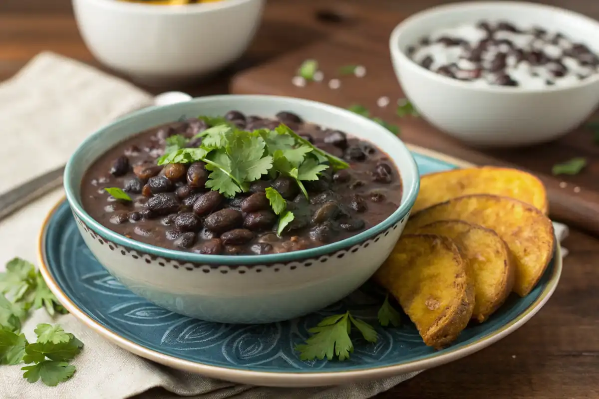 Caribbean black beans with coconut milk and plantains.