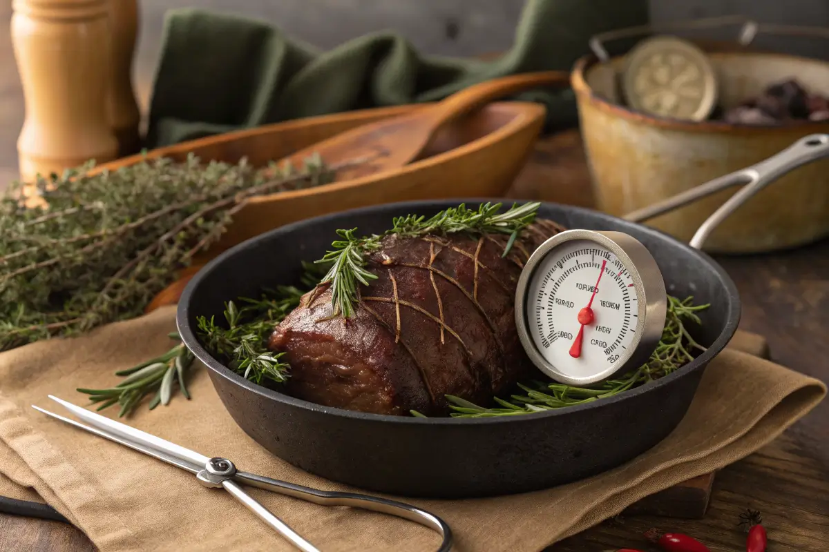 Venison roast in a pan with a meat thermometer