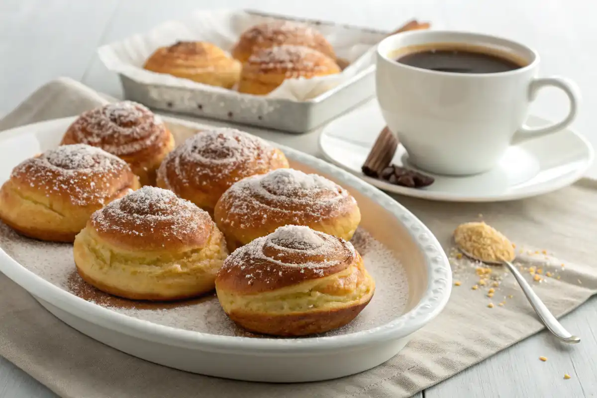 Chilindrinas served with a cup of coffee on a white plate.