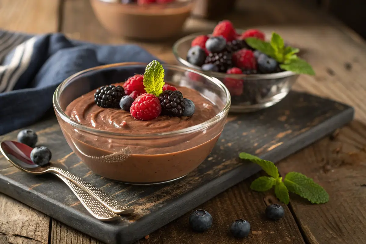 Chocolate protein pudding with fresh berries and mint on a wooden table.