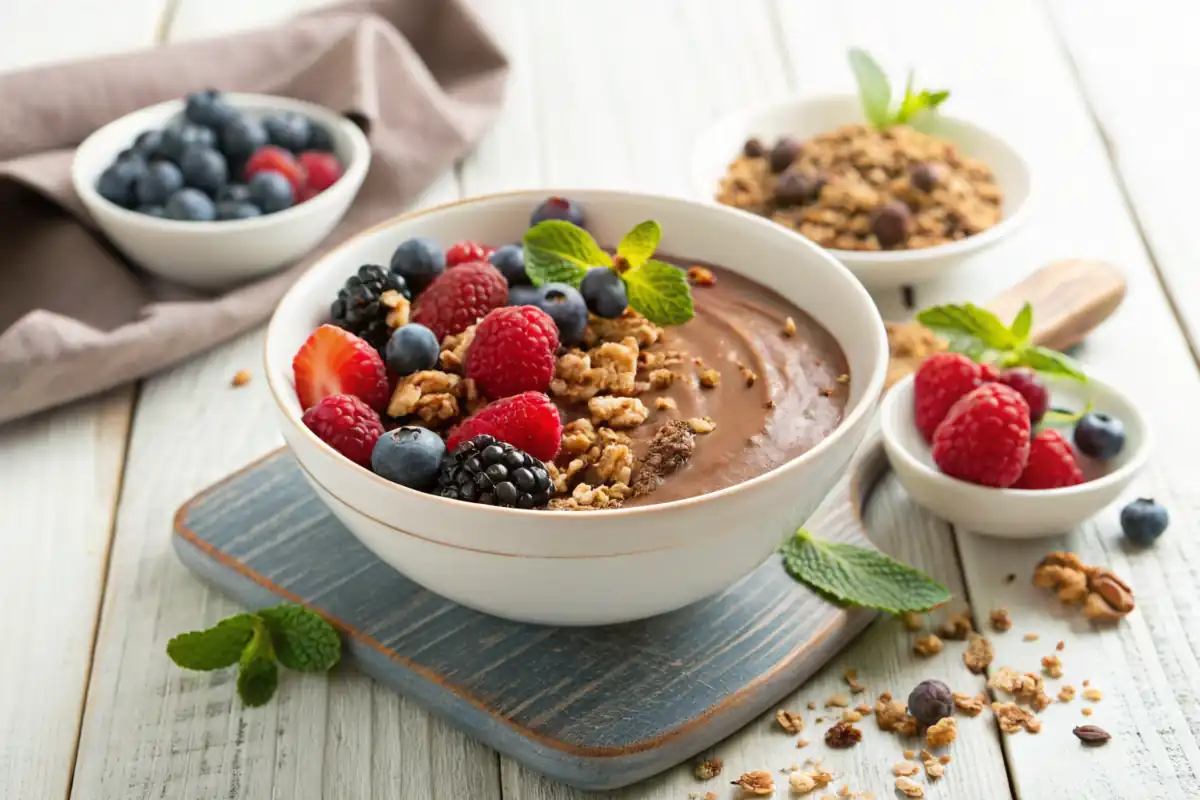 Bowl of chocolate protein pudding topped with fresh berries and granola