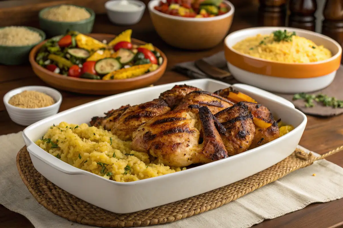 Family-style serving of Churu Chicken Amarillo with side dishes.