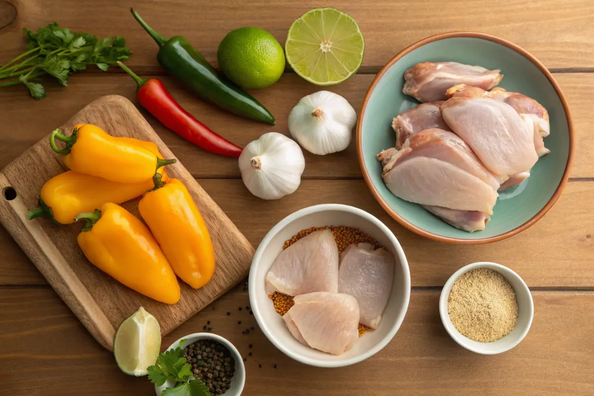 Ingredients for Churu Chicken Amarillo neatly arranged on a table.