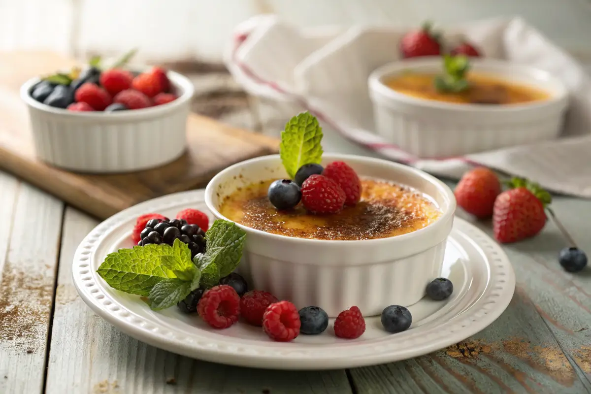 Classic crème brûlée garnished with berries and mint on a rustic table.