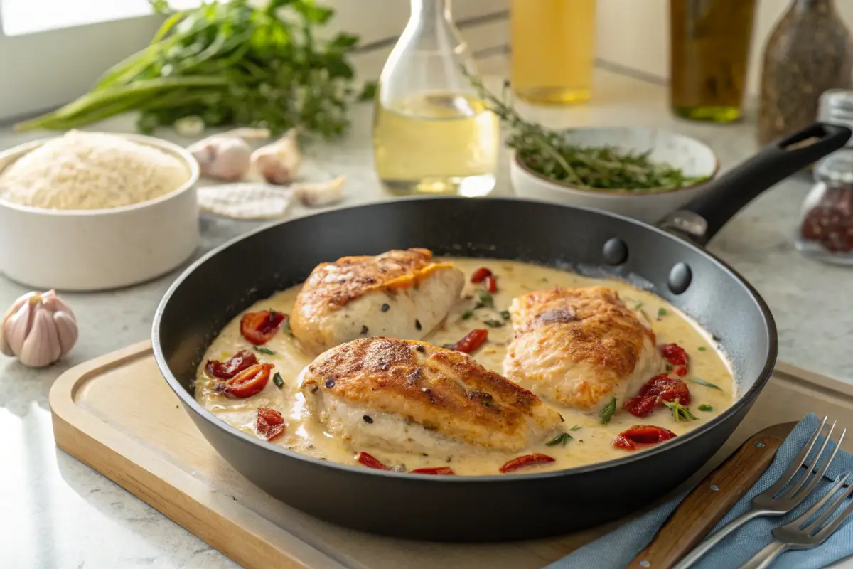 Marry Me Chicken cooking in a skillet with creamy sauce and tomatoes.