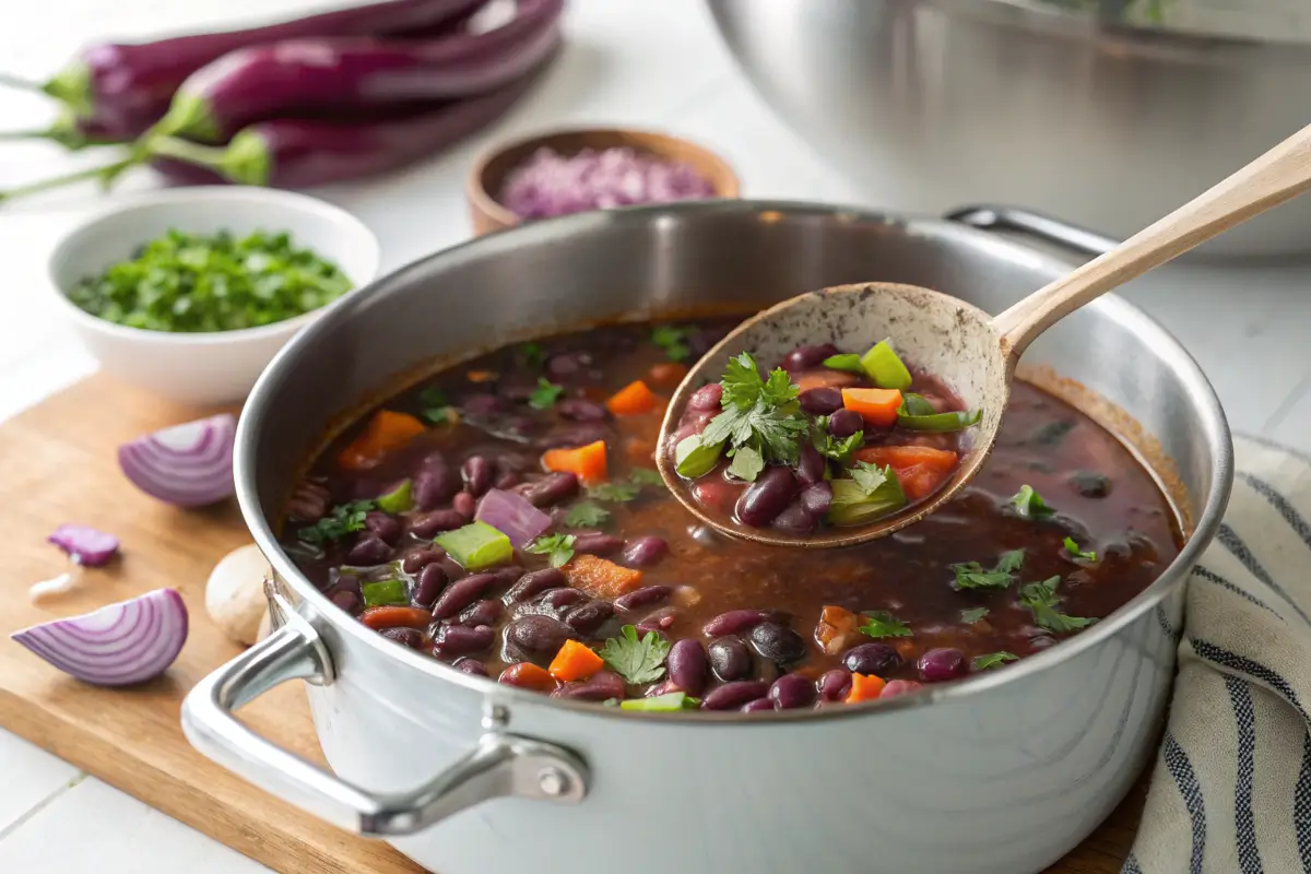 A pot of steaming purple black bean soup being ladled.