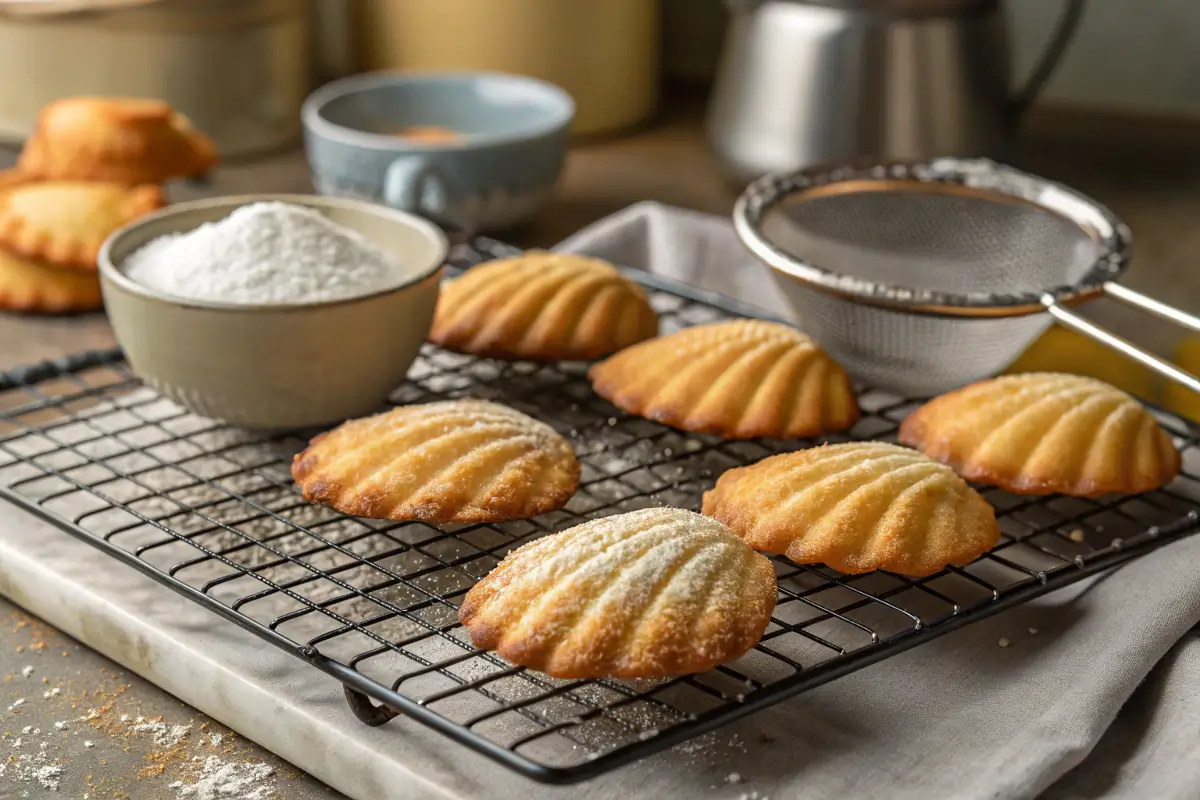 Freshly baked Madeline cookies cooling on a wire rack with powdered sugar nearby.