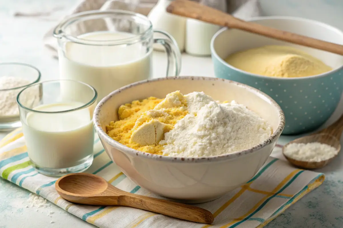 Mixing ingredients for cornbread with milk and buttermilk options