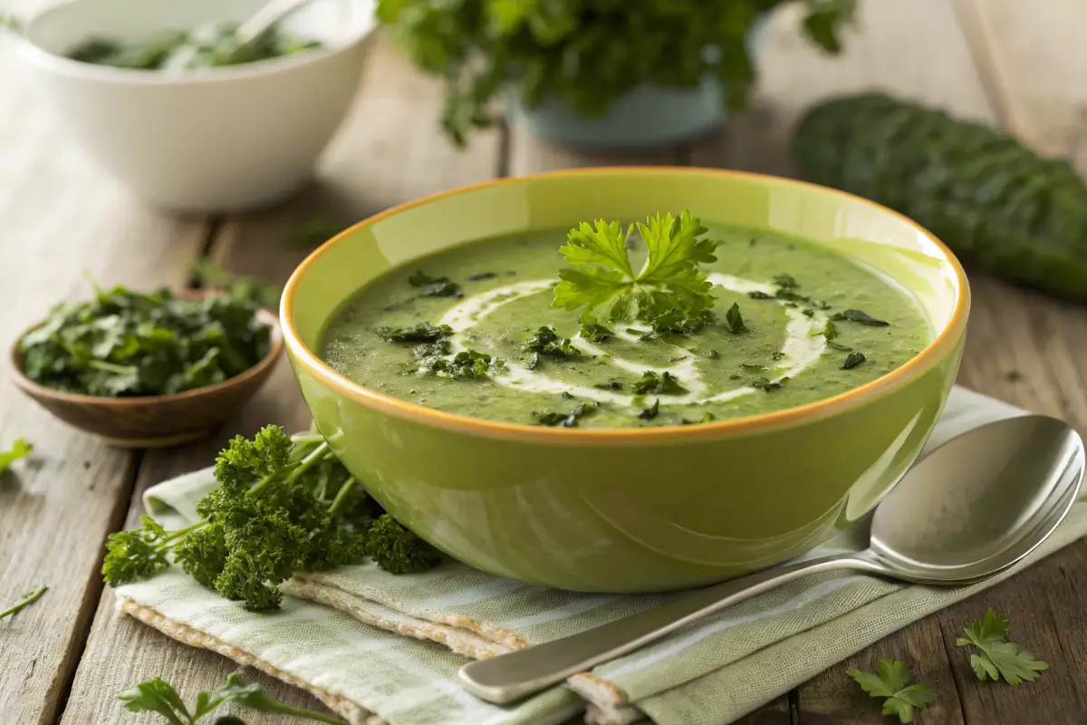 Vibrant green soup with spinach and kale.