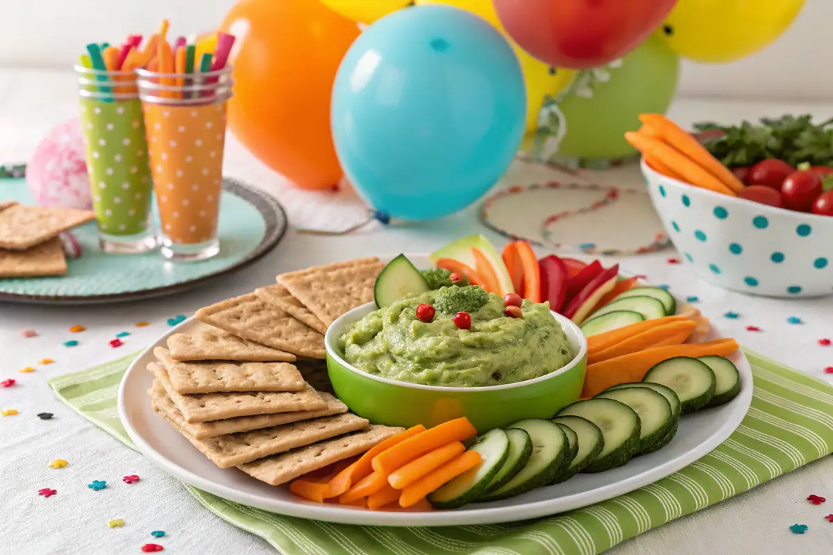 Guacamole served with vegetable sticks and crackers.