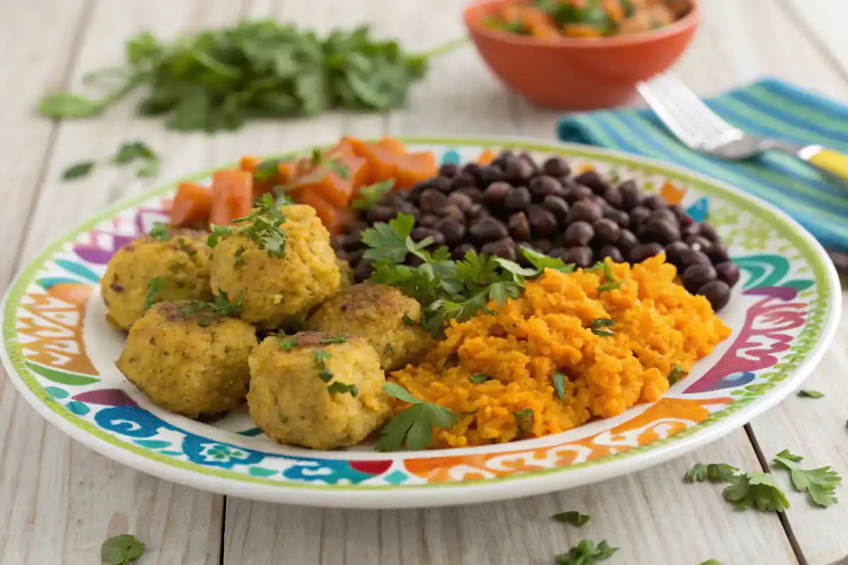 A plate with cauliflower tots, black beans and rice, and carrot mash.