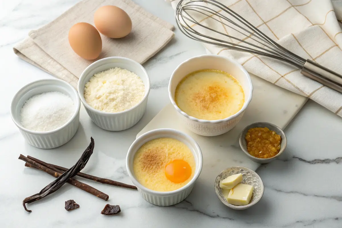 Ingredients and tools for making crème brûlée, including ramekins, custard, sugar, and vanilla.