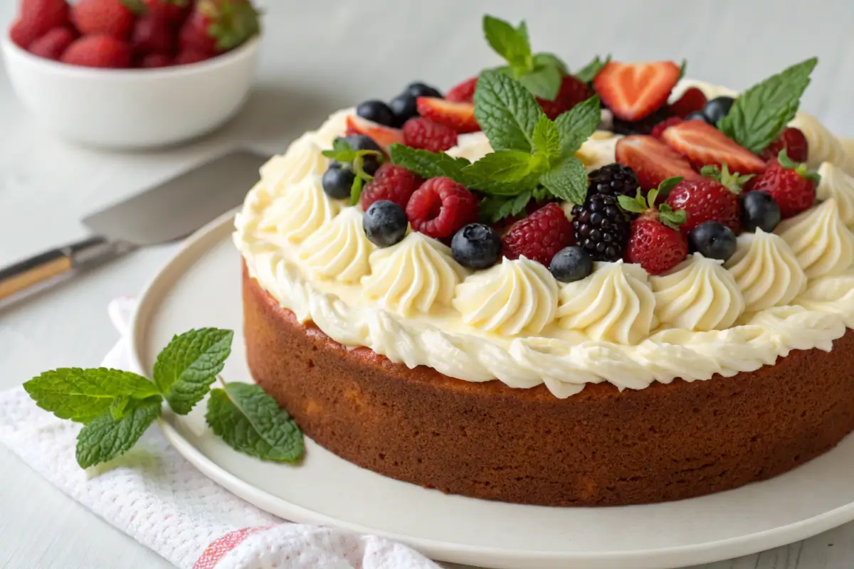 Decorated kefir sheet cake with cream cheese frosting and fresh berries