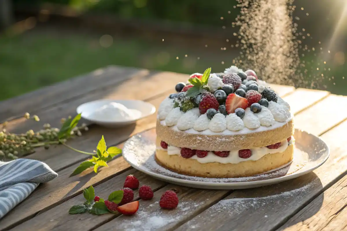 Cloud cake topped with berries and whipped cream on a rustic table.