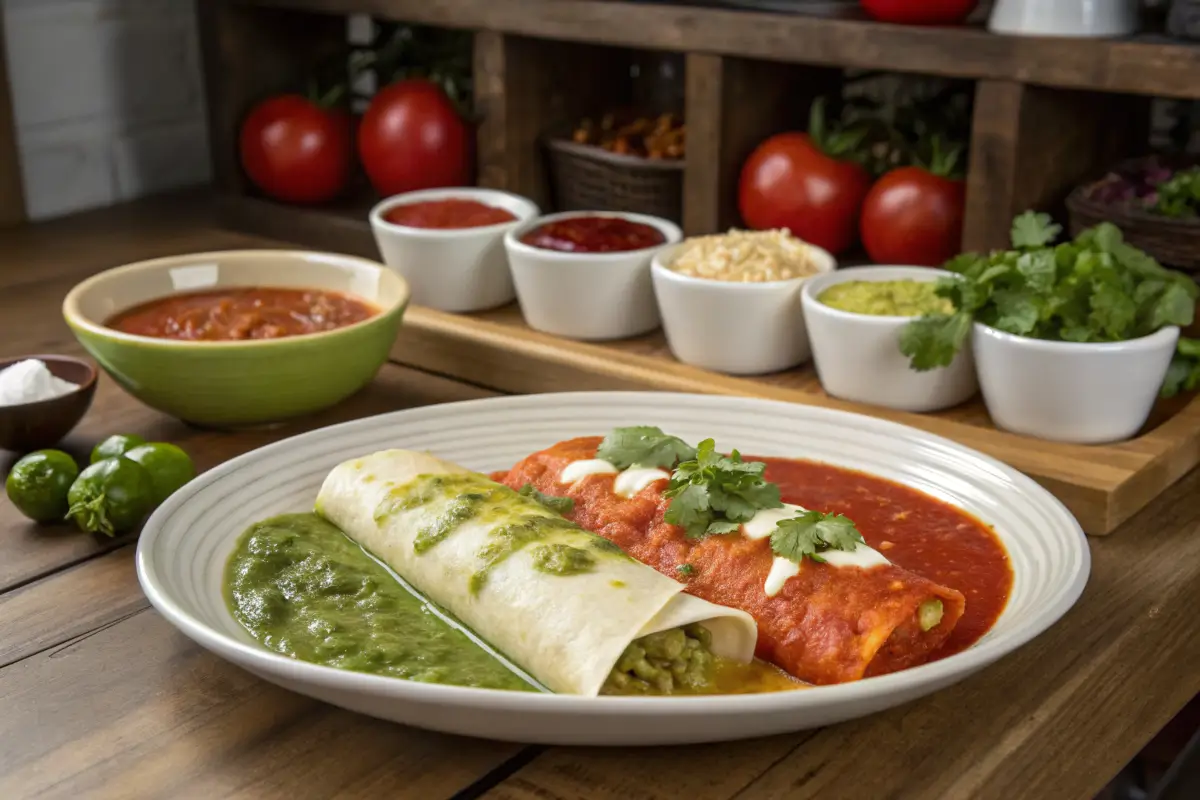 Ingredients and presentation of divorced enchiladas.