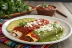 Plate of divorced enchiladas with red and green sauces.