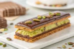 Close-up of a luxurious Dubai chocolate bar with layers of kataifi, pistachio, and milk chocolate.