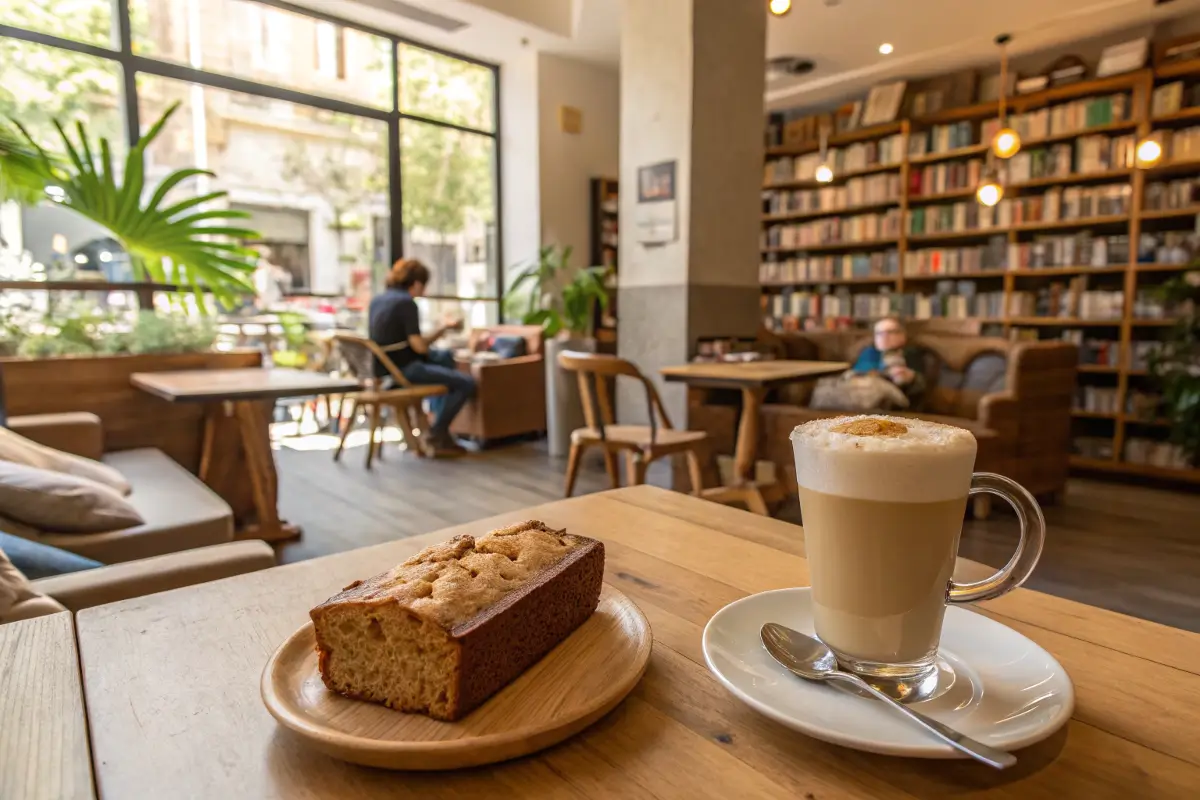 Customer enjoying banana bread in a cozy café.