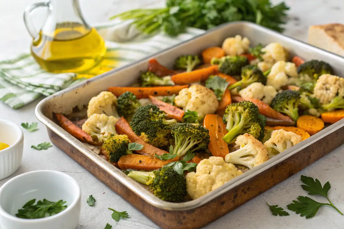 Golden roasted broccoli, cauliflower, and carrots on a baking tray.