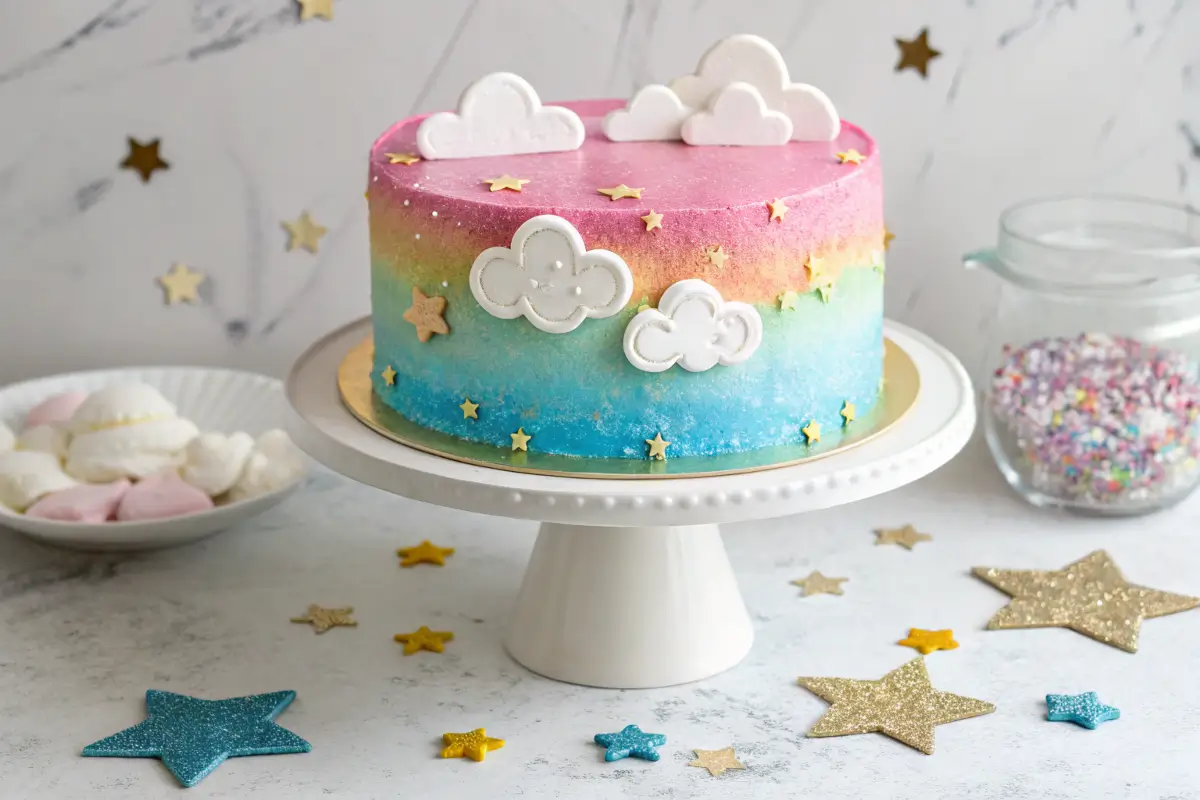 Finished cloud cake with fondant clouds and sprinkles