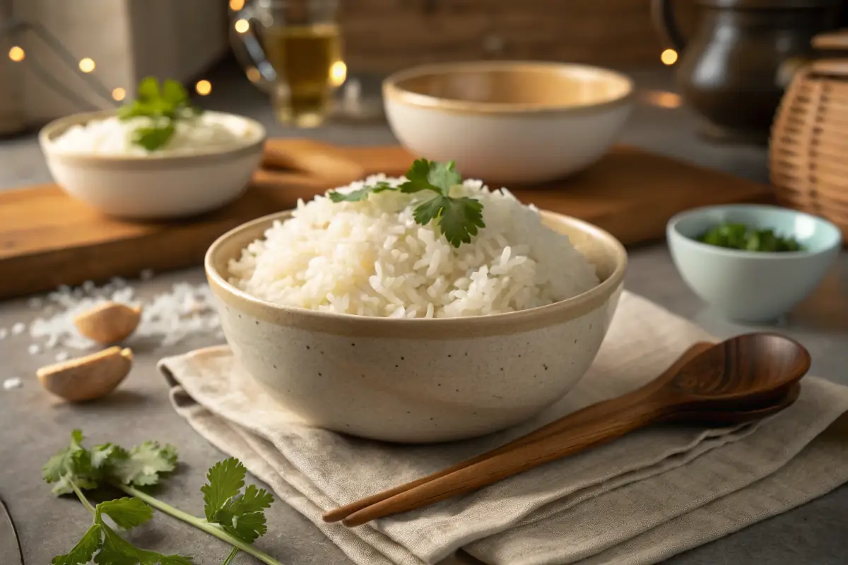 Perfectly fluffy jasmine rice served in a ceramic bowl.