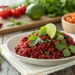 Plate of red rice garnished with cilantro and lime.