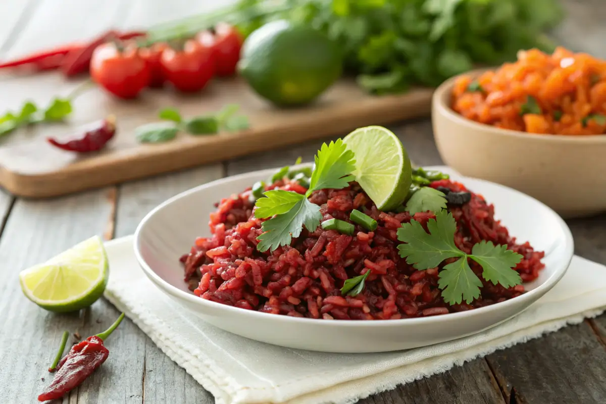 Plate of red rice garnished with cilantro and lime.