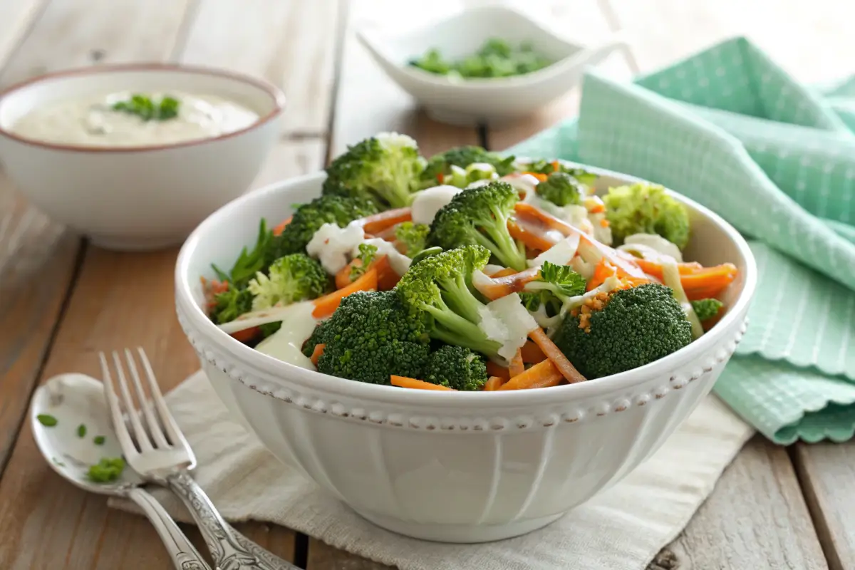 Fresh broccoli salad with creamy dressing in a ceramic bowl