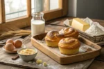 Freshly baked Swiss Gipfeli on a wooden tray with ingredients.