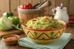 A bowl of colorful Chow Chow relish on a rustic wooden table