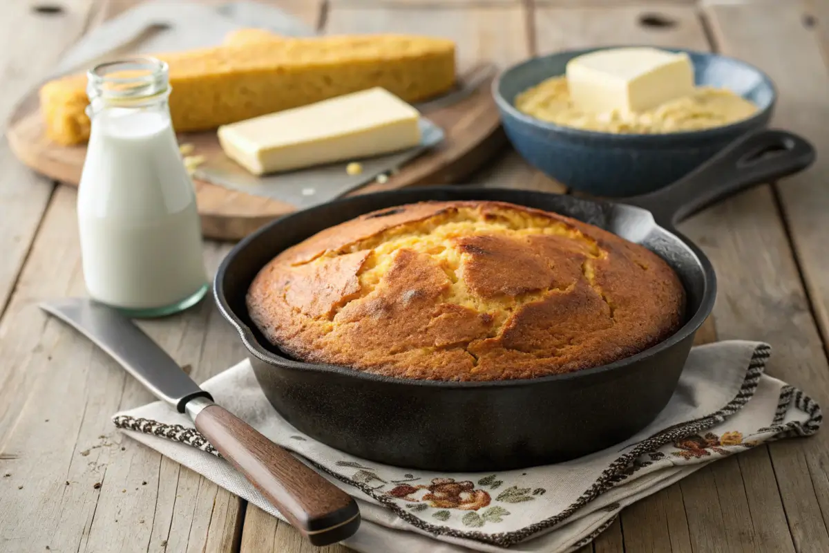 Golden cornbread in a cast iron skillet with buttermilk