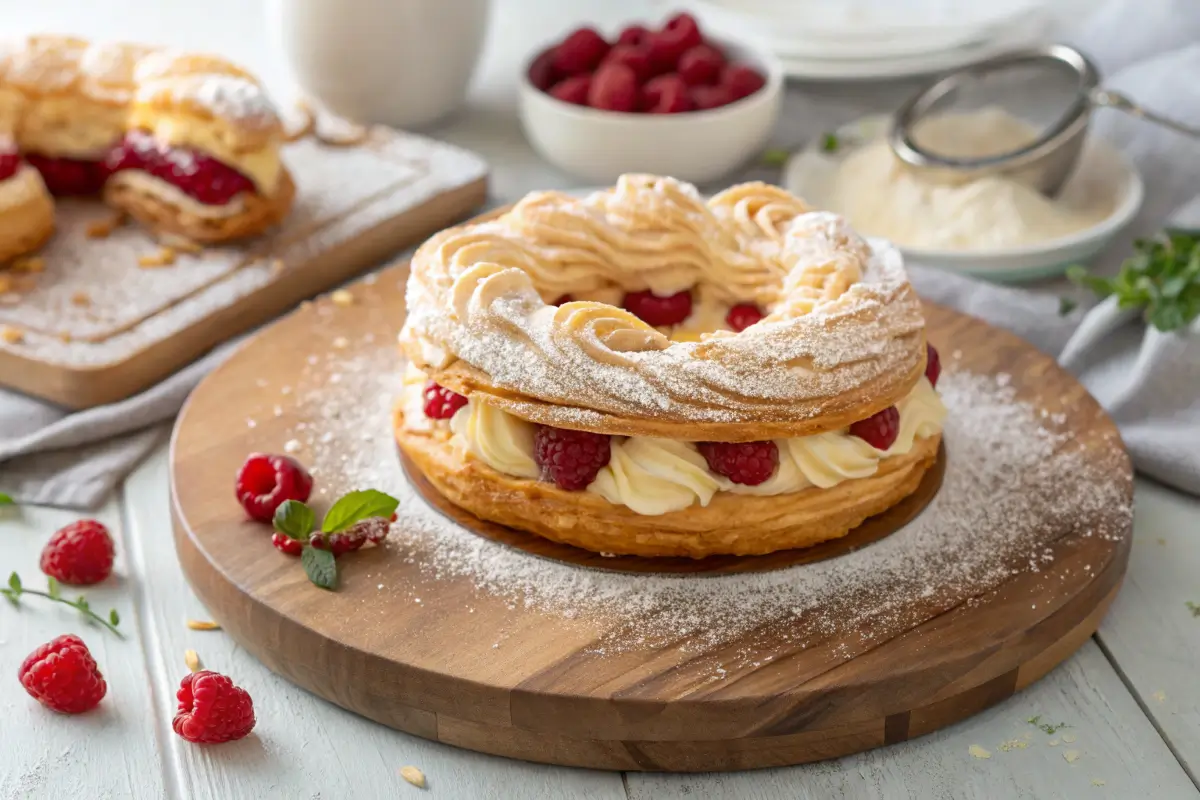 Pastry with frosting and jelly filling in O shape on a wooden platter