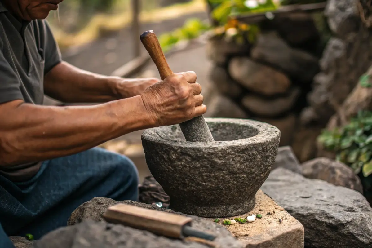 Craftsman carving a molcajete from volcanic rock