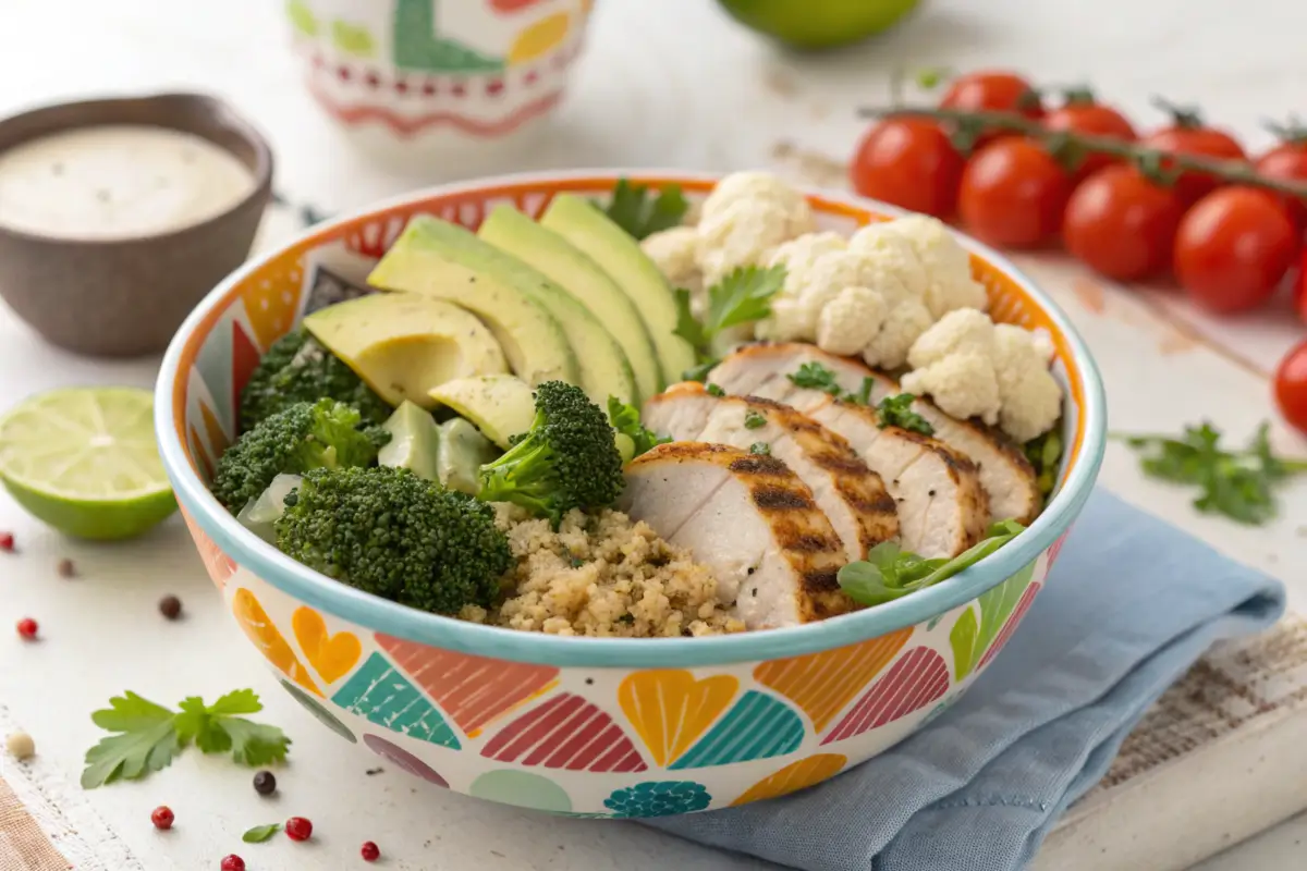 A quinoa bowl topped with grilled chicken, avocado, and vibrant vegetables.