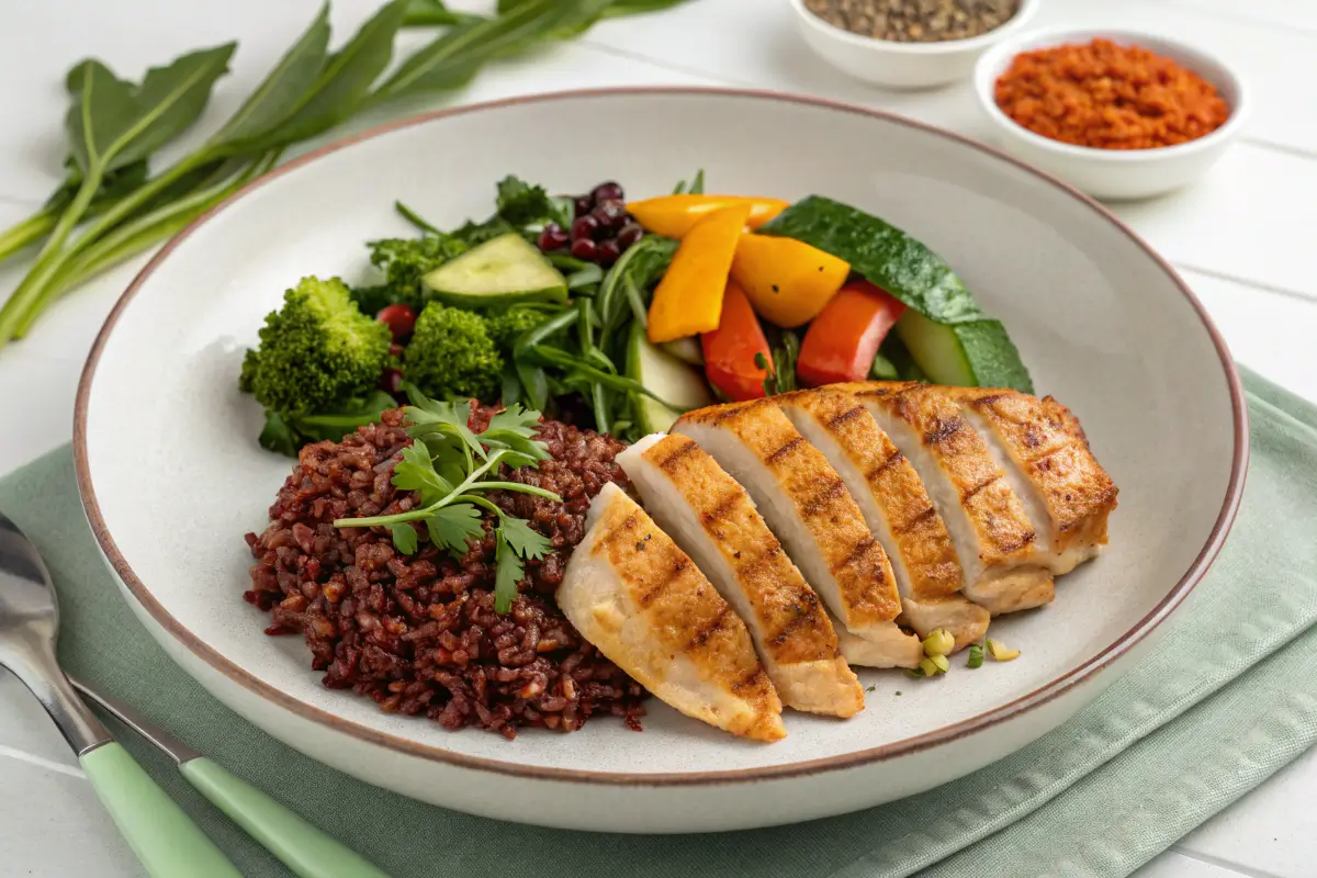 Healthy meal plate with red rice, grilled chicken, and vegetables