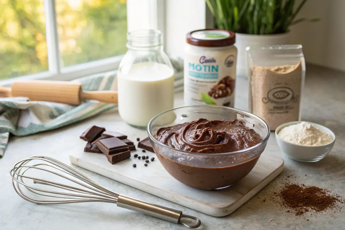 Making homemade chocolate protein pudding with casein powder.