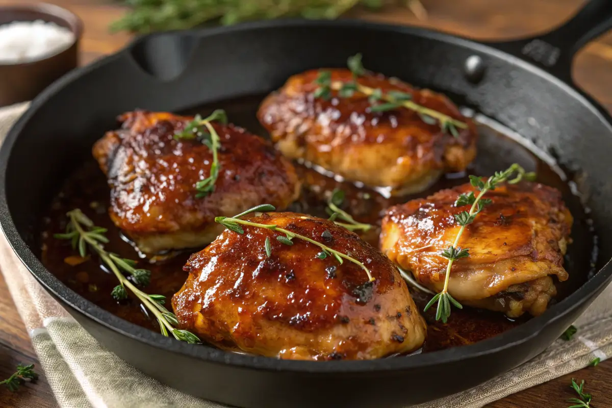 Honey balsamic glazed chicken thighs in a skillet