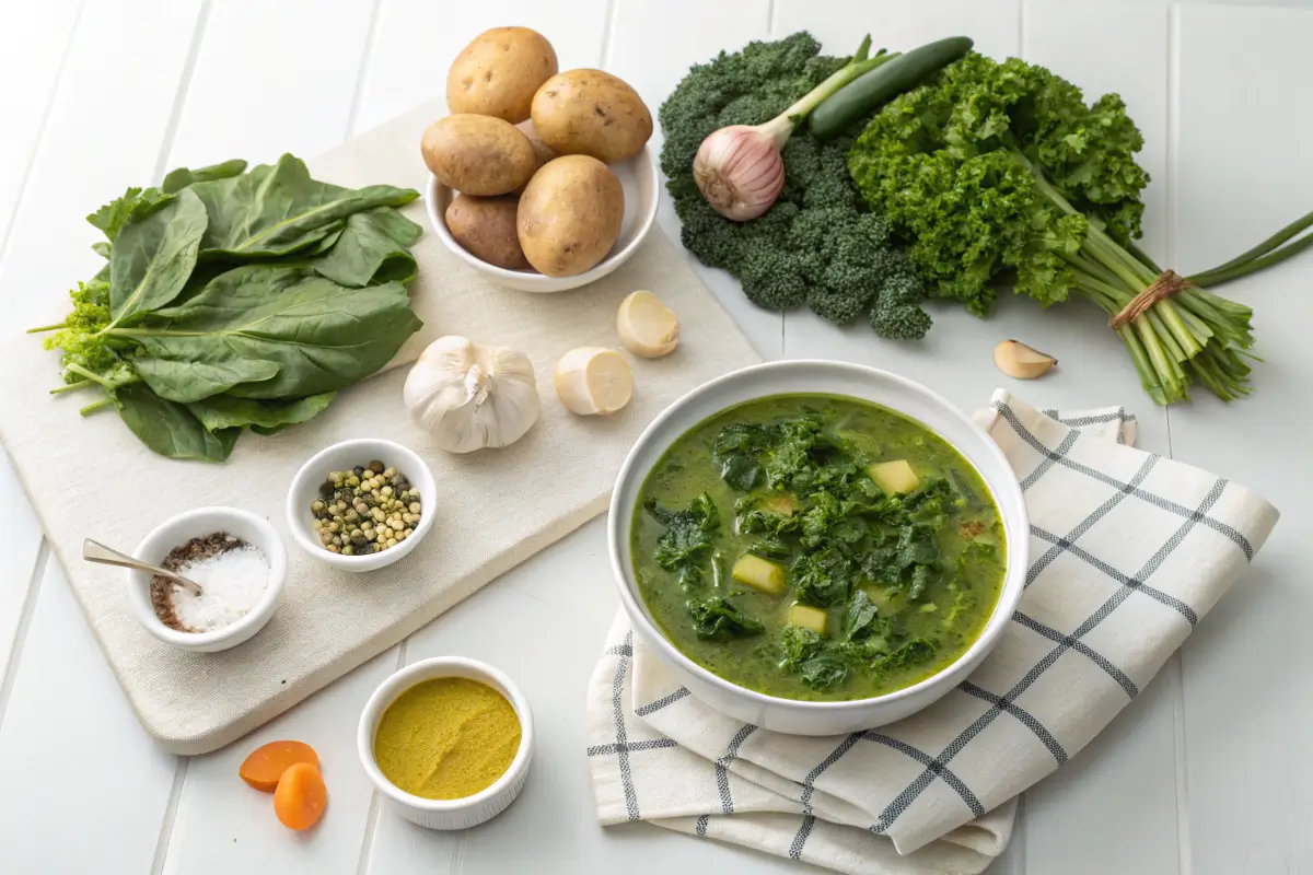 Fresh ingredients for a green soup recipe.