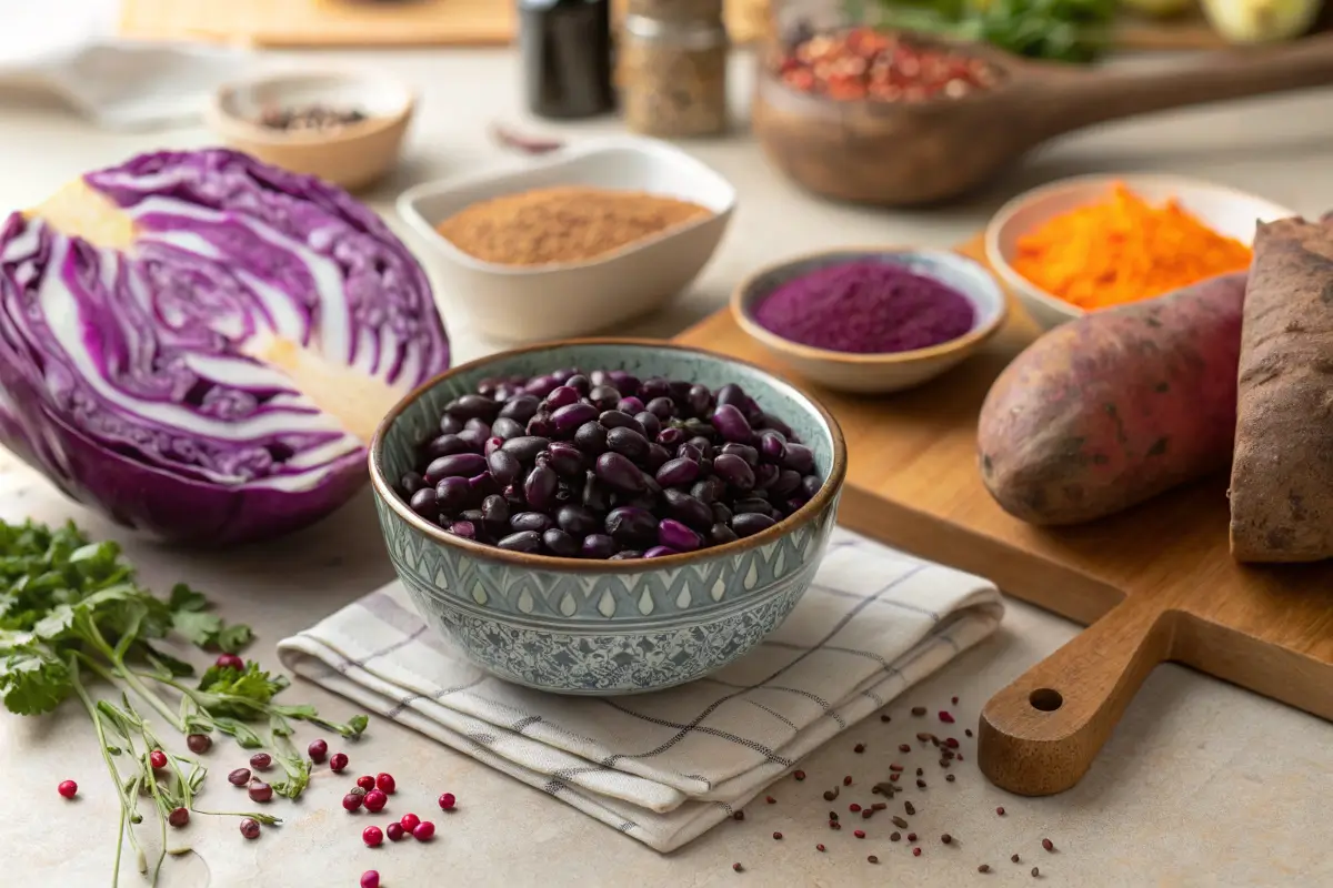 Raw purple black beans with vegetables and spices on a kitchen counter.