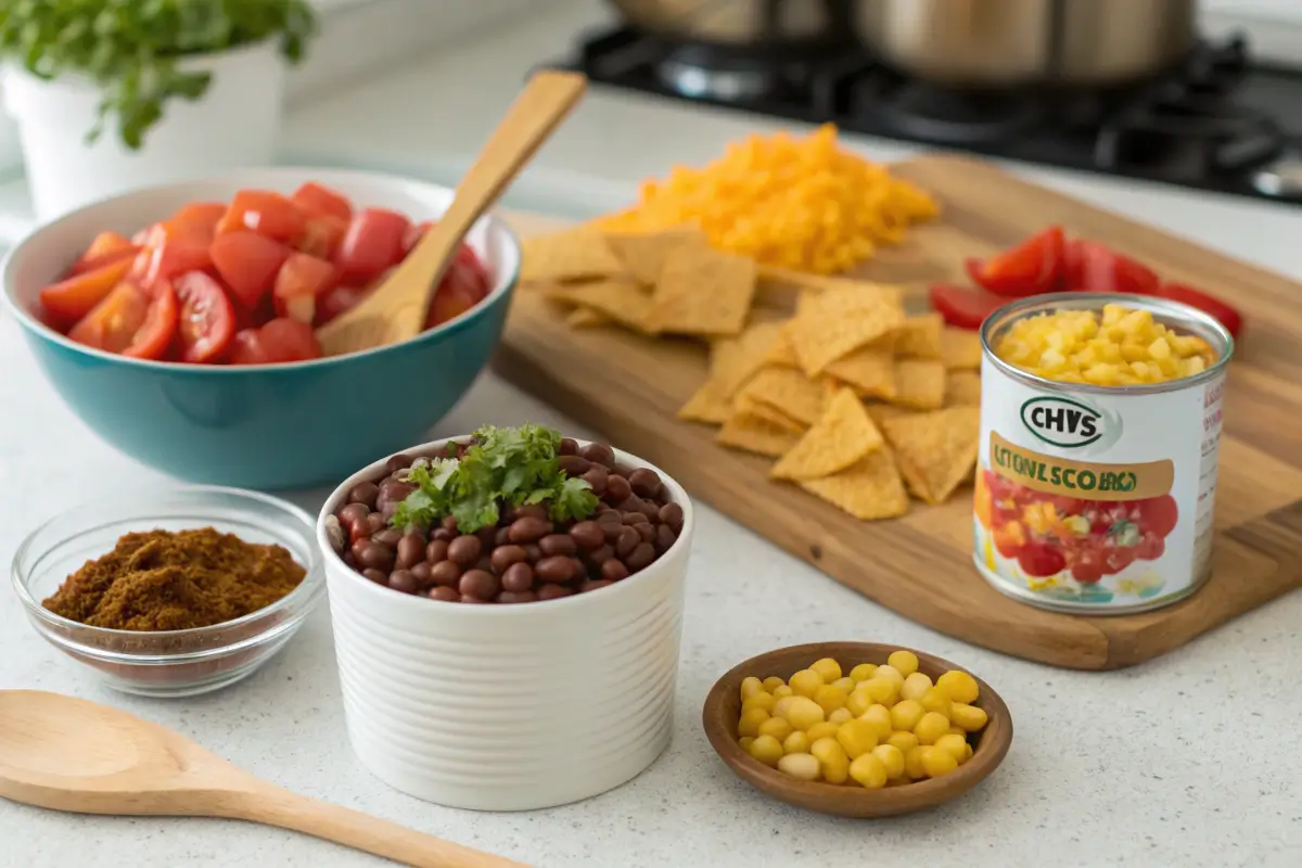 Ingredients for taco soup frios recipe on a kitchen counter.