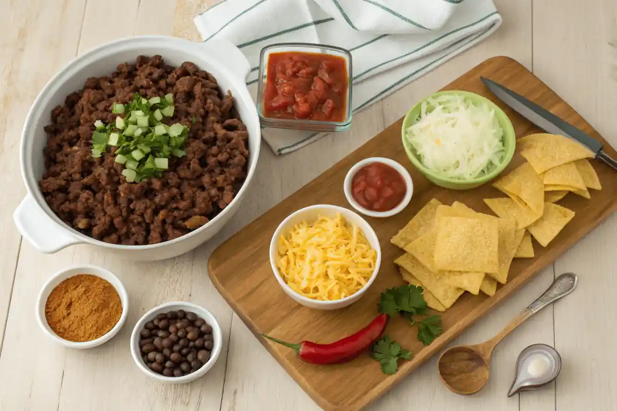 Walking taco casserole ingredients on a wooden counter.