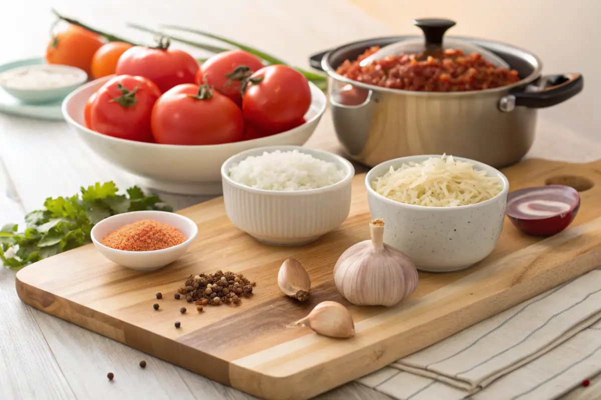 Ingredients for red rice recipe on a cutting board.