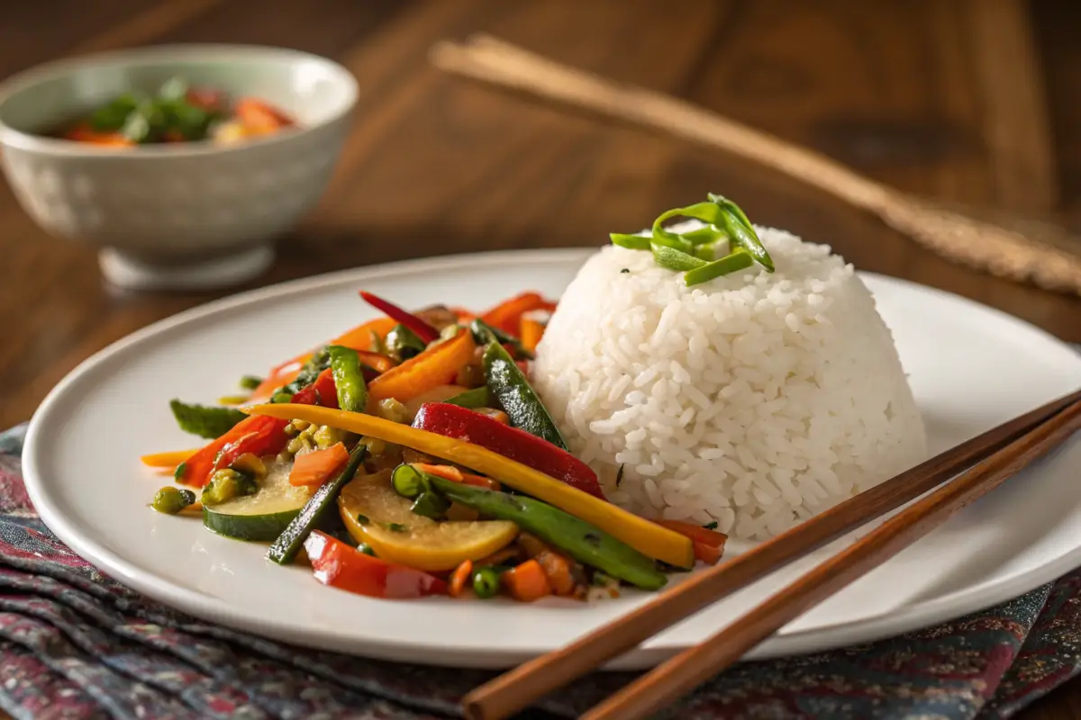 Jasmine rice served with vegetable stir-fry