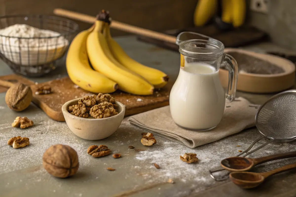 Fresh bananas, walnuts, and buttermilk for baking banana bread.