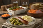 Kielbasa and cabbage with classic side dishes on a rustic table