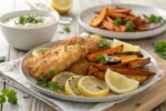 Plated lectin-free fish and chips with vegetable chips and lemon garnish